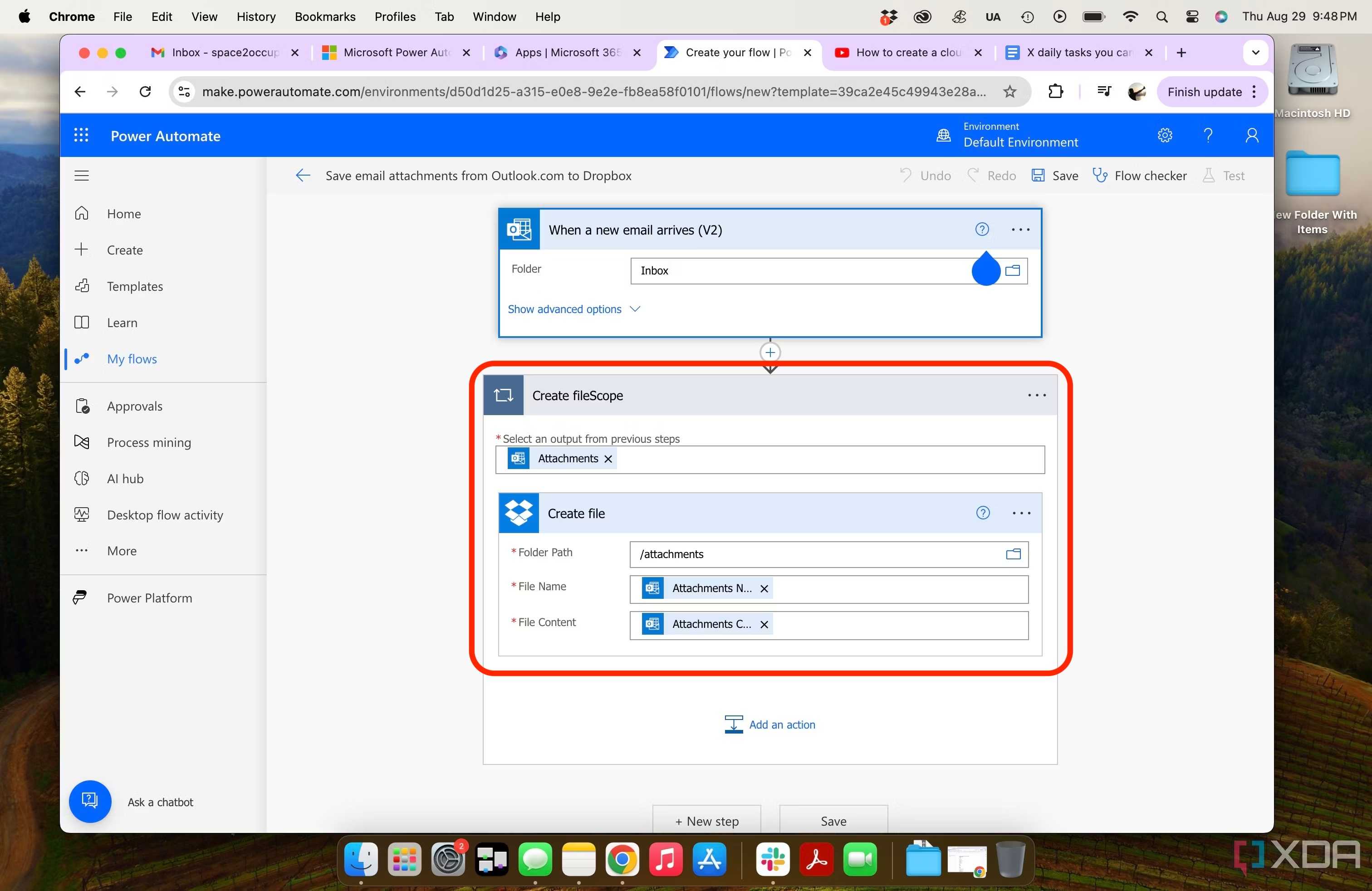 Microsoft Power Automate - download email attachments from Outlook to Dropbox with red selection