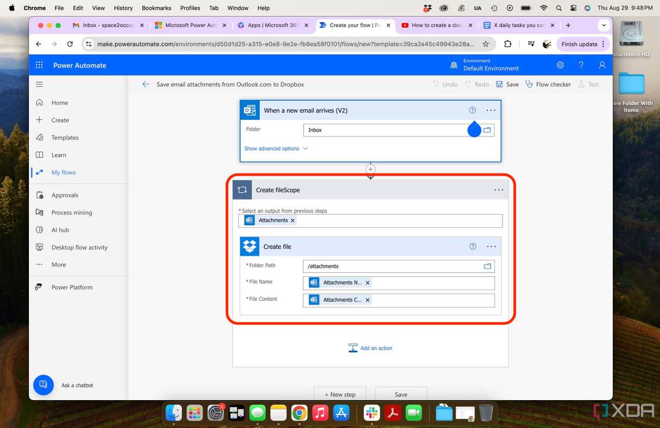 Microsoft Power Automate - download email attachments from Outlook to Dropbox with red selection