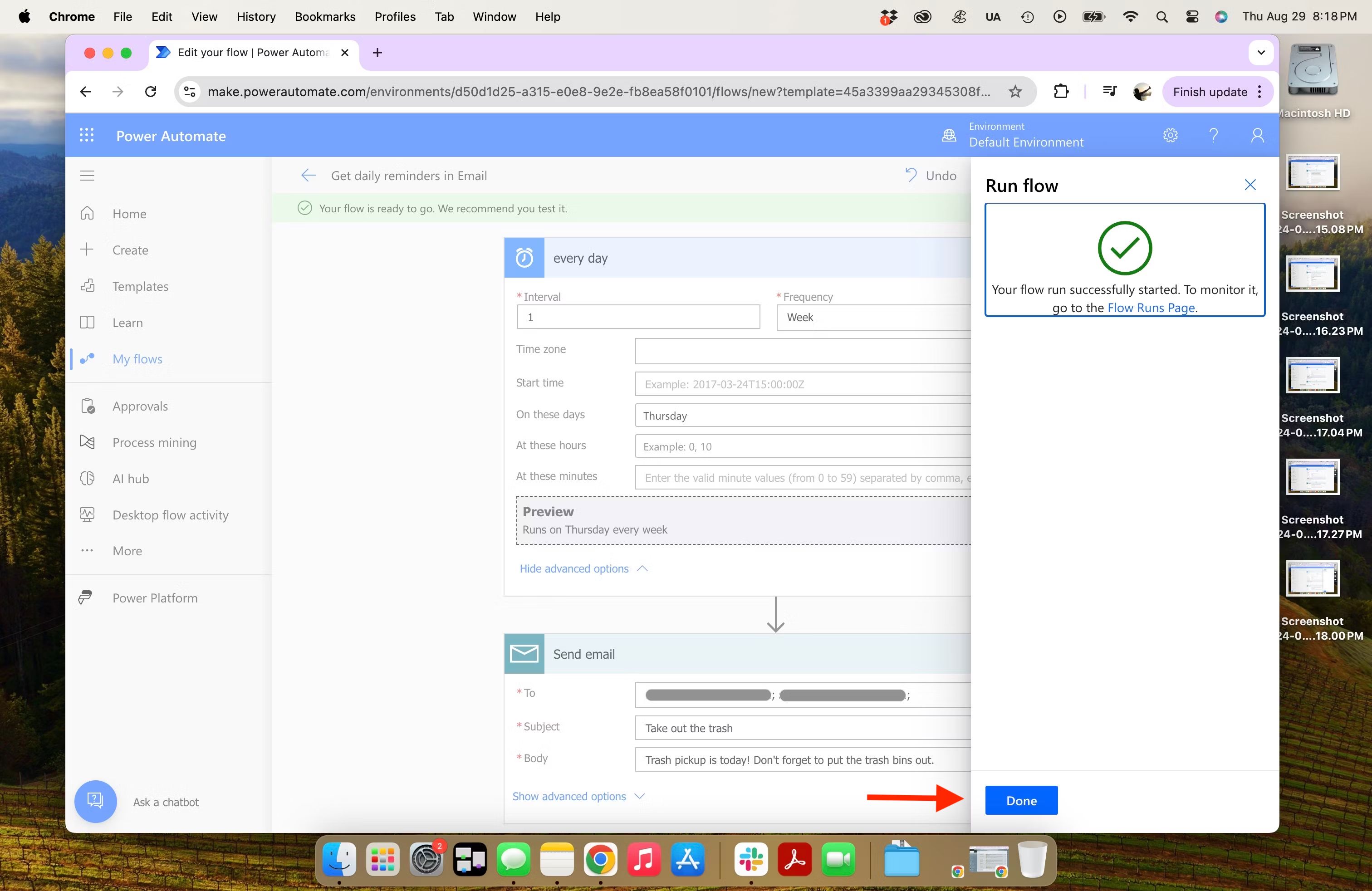 Microsoft Power Automate - email reminder email advanced settings flow successfully finished with red arrow