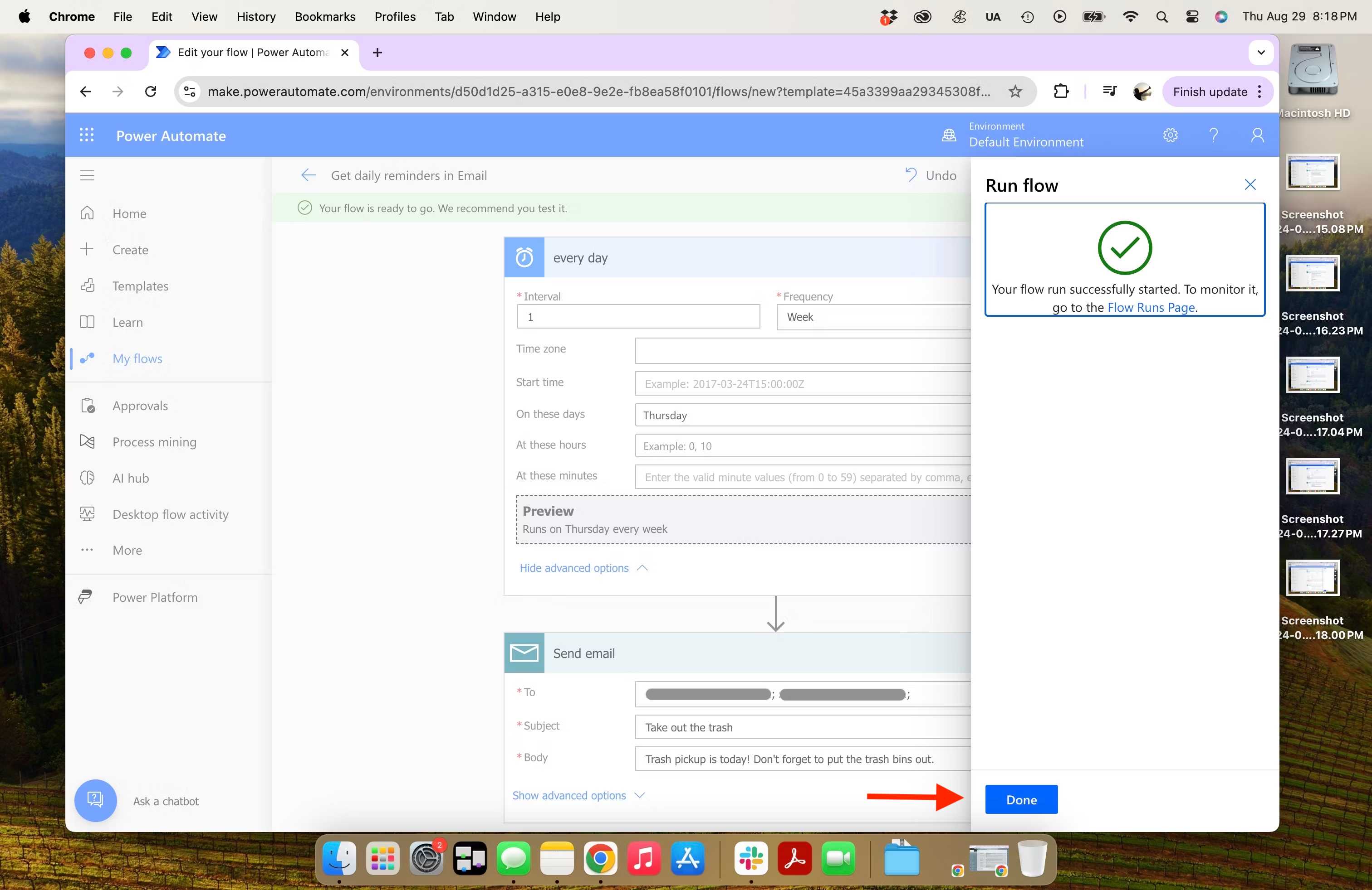 Microsoft Power Automate - email reminder email advanced settings flow successfully finished with red arrow