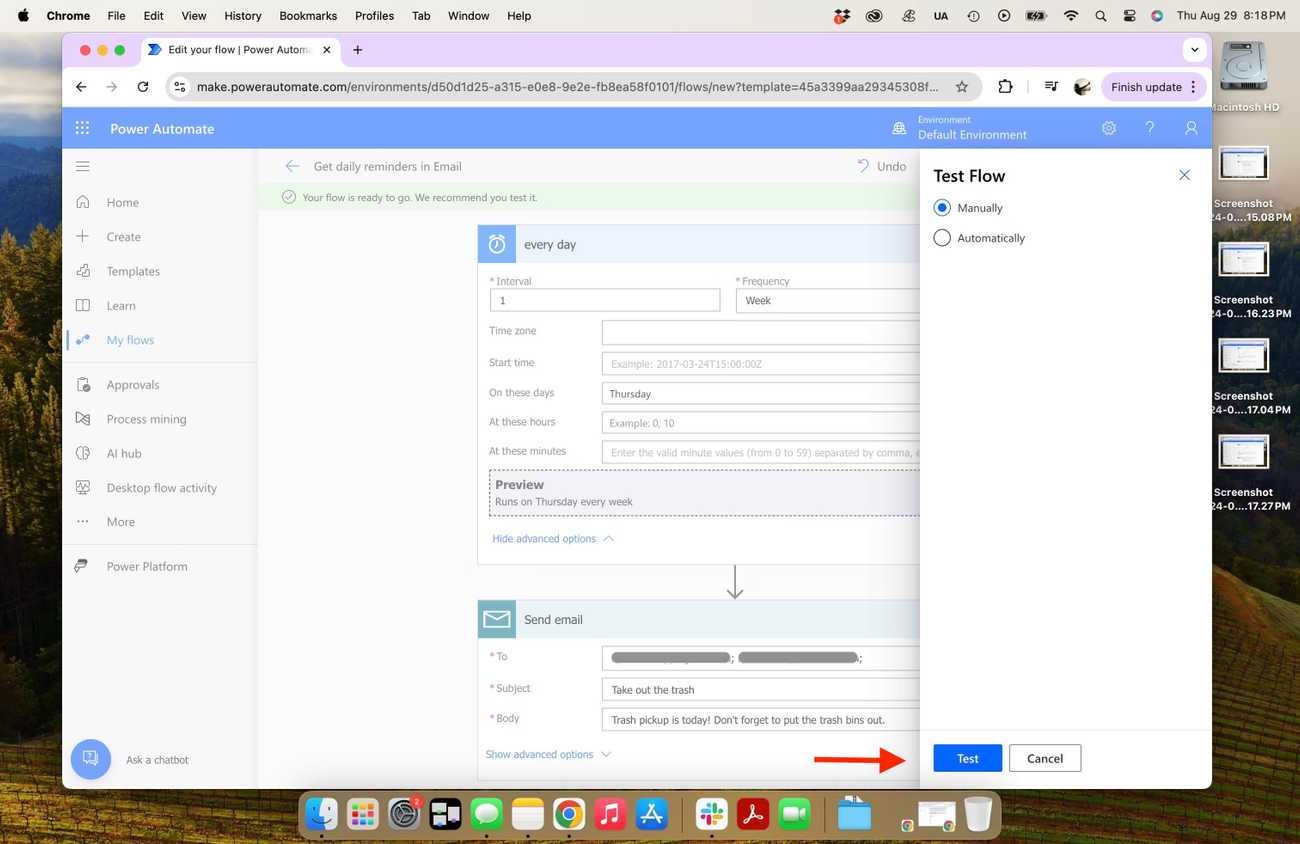 Microsoft Power Automate - email reminder email advanced settings testing with red arrow