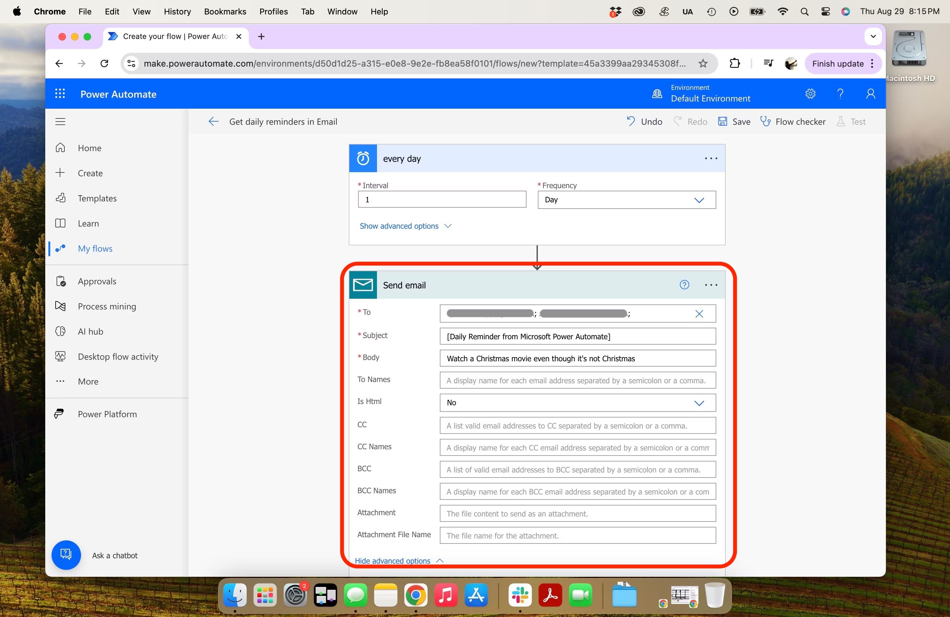 Microsoft Power Automate - email reminder email advanced settings with red selection