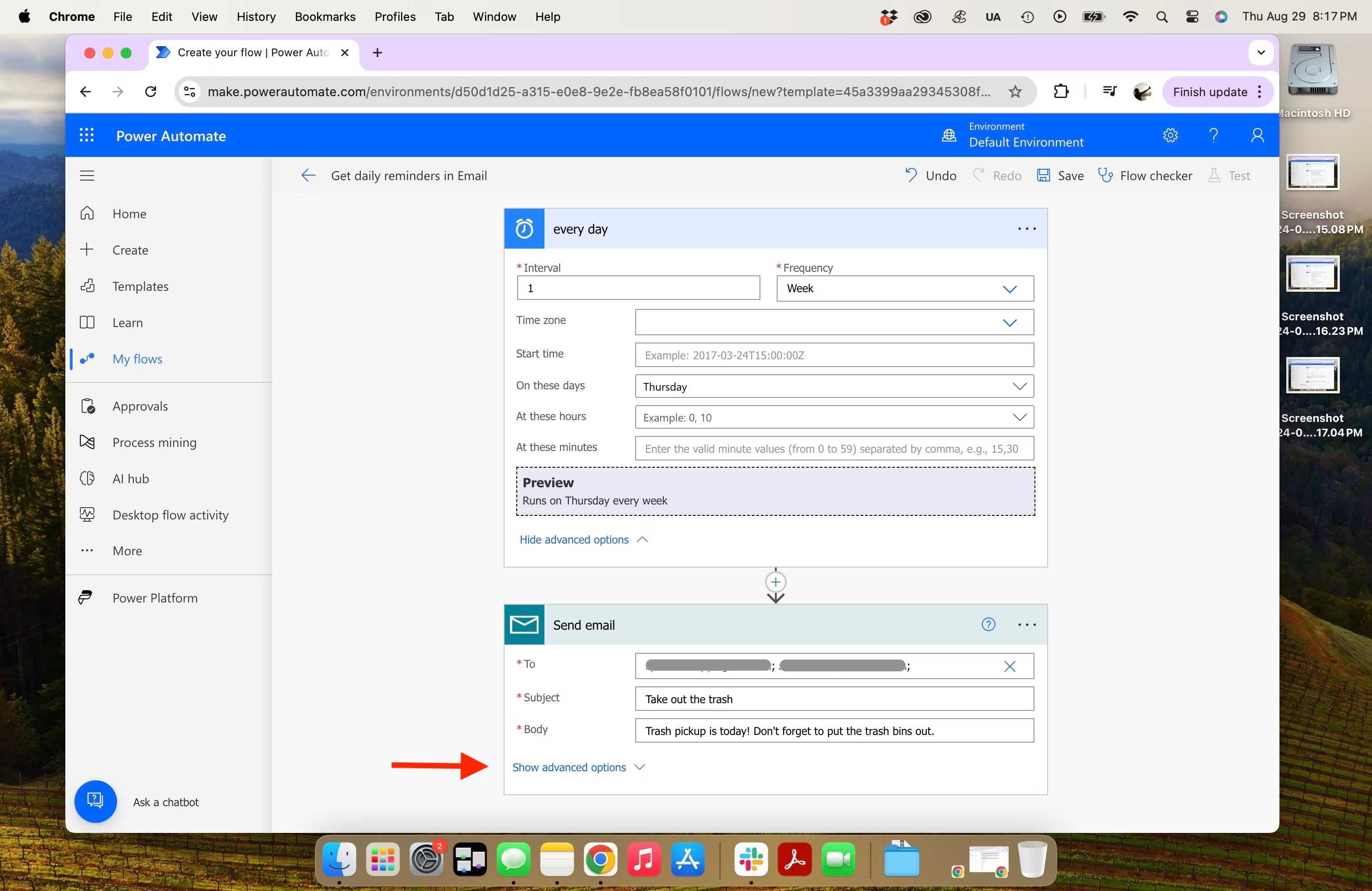 Microsoft Power Automate - inputting email reminder email addresses with red arrows