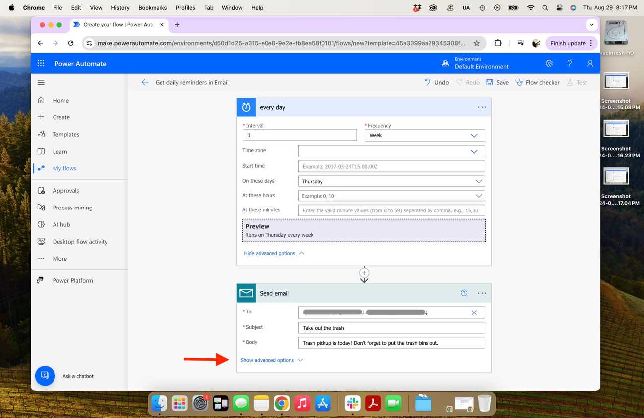 Microsoft Power Automate - inputting email reminder email addresses with red arrows
