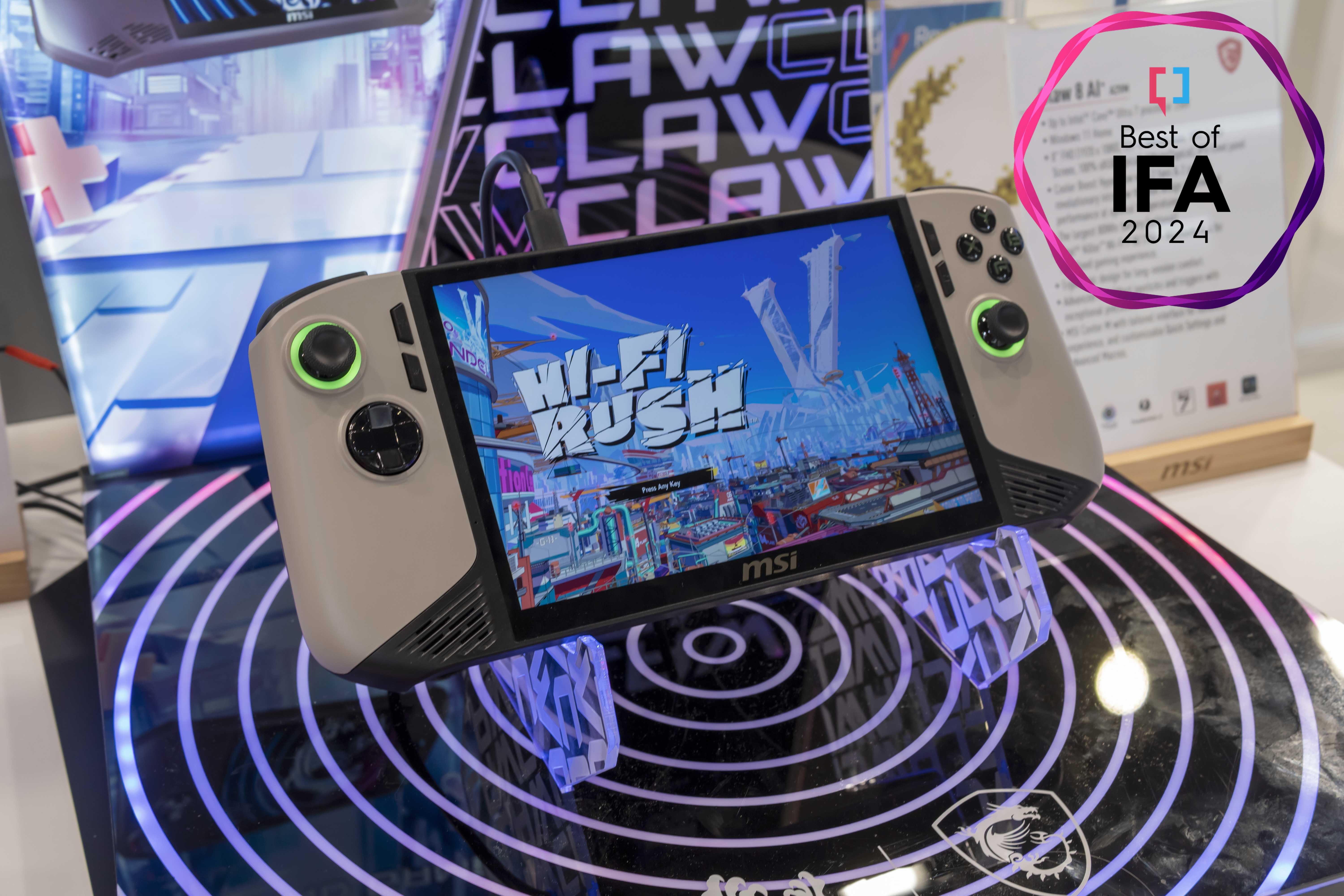 An MSI Claw 8 AI+ gaming handheld with a Best of IFA badge next to it