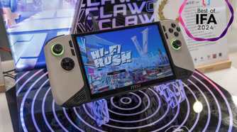 An MSI Claw 8 AI+ gaming handheld with a Best of IFA badge next to it