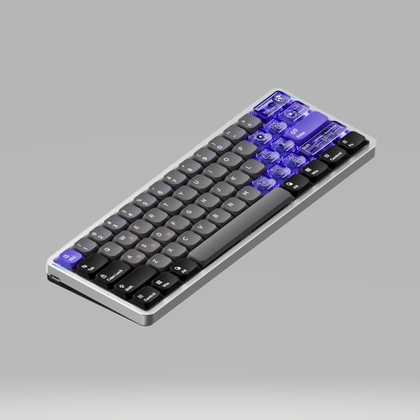 Transparent render of a grey low-profile mechanical keyboard