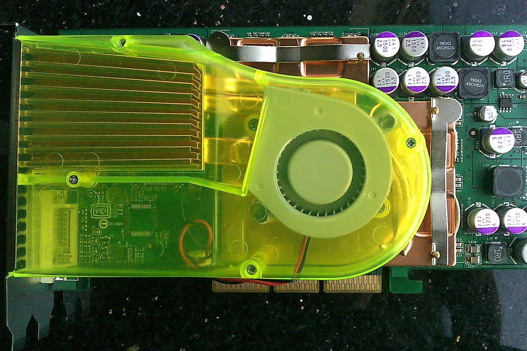 Close-up of an old Nvidia graphics card with a cooling fan