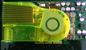 Close-up of an old Nvidia graphics card with a cooling fan
