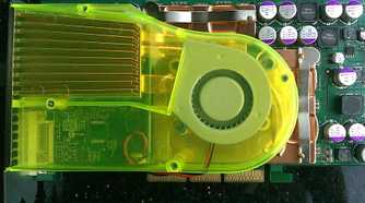 Close-up of an old Nvidia graphics card with a cooling fan