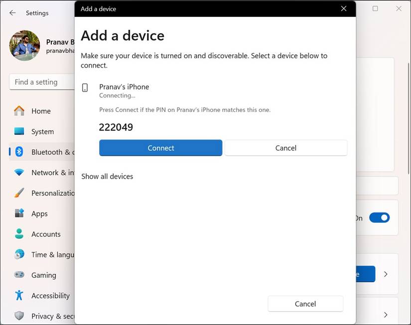 Screenshot of pairing devices