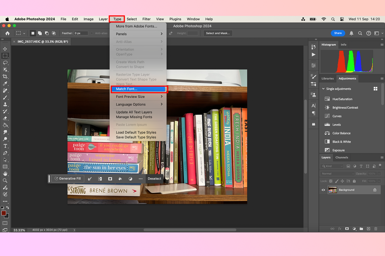 Photoshop Type menu with Match Font tool selected