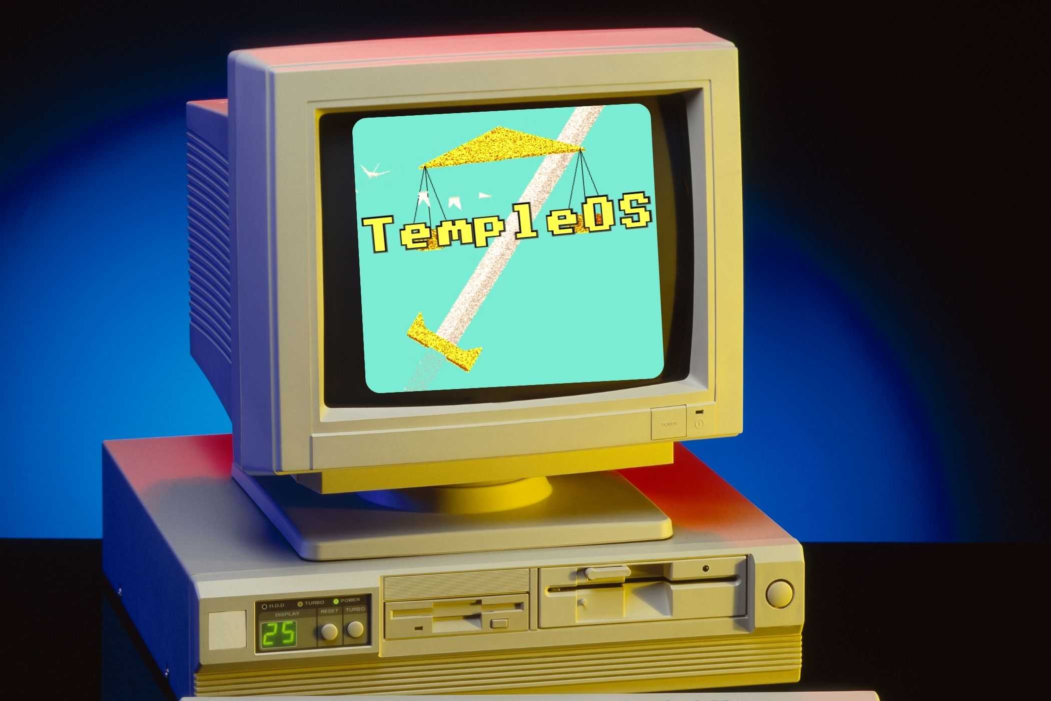 TempleOS superimposed on a retro computer screen.