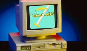 TempleOS superimposed on a retro computer screen.