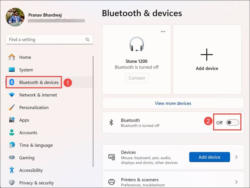 Screenshot of turning on Bluetooth on Windows 11