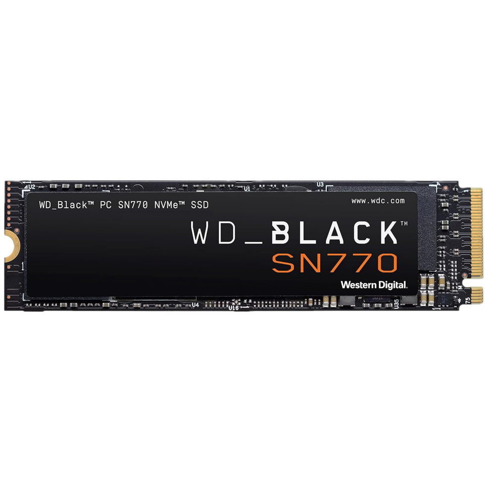 Transparent render of a black NVMe SSD on a transparent background