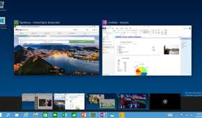Screenshot of Windows 10 Technical preview build 9841 showing the Task view screen with multiple virtual desktops