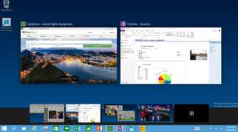 Screenshot of Windows 10 Technical preview build 9841 showing the Task view screen with multiple virtual desktops