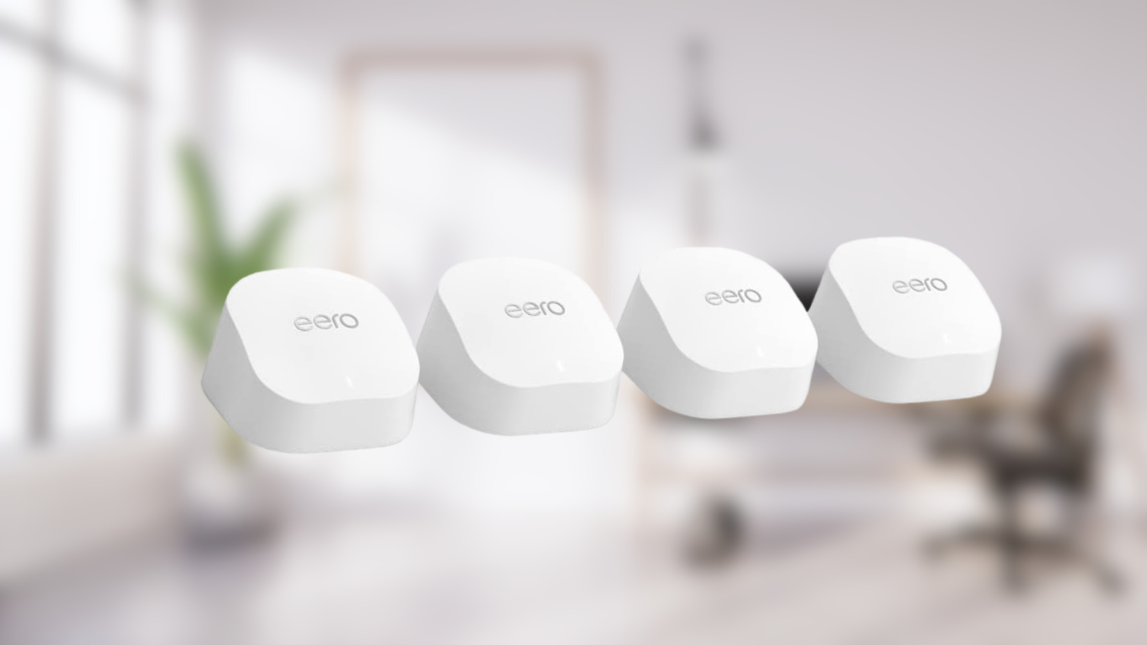 eero 6+ mesh Wi-Fi router on blurred background