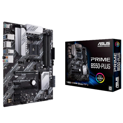A transparent render of the ASUS Prime B550-PLUS motherboard