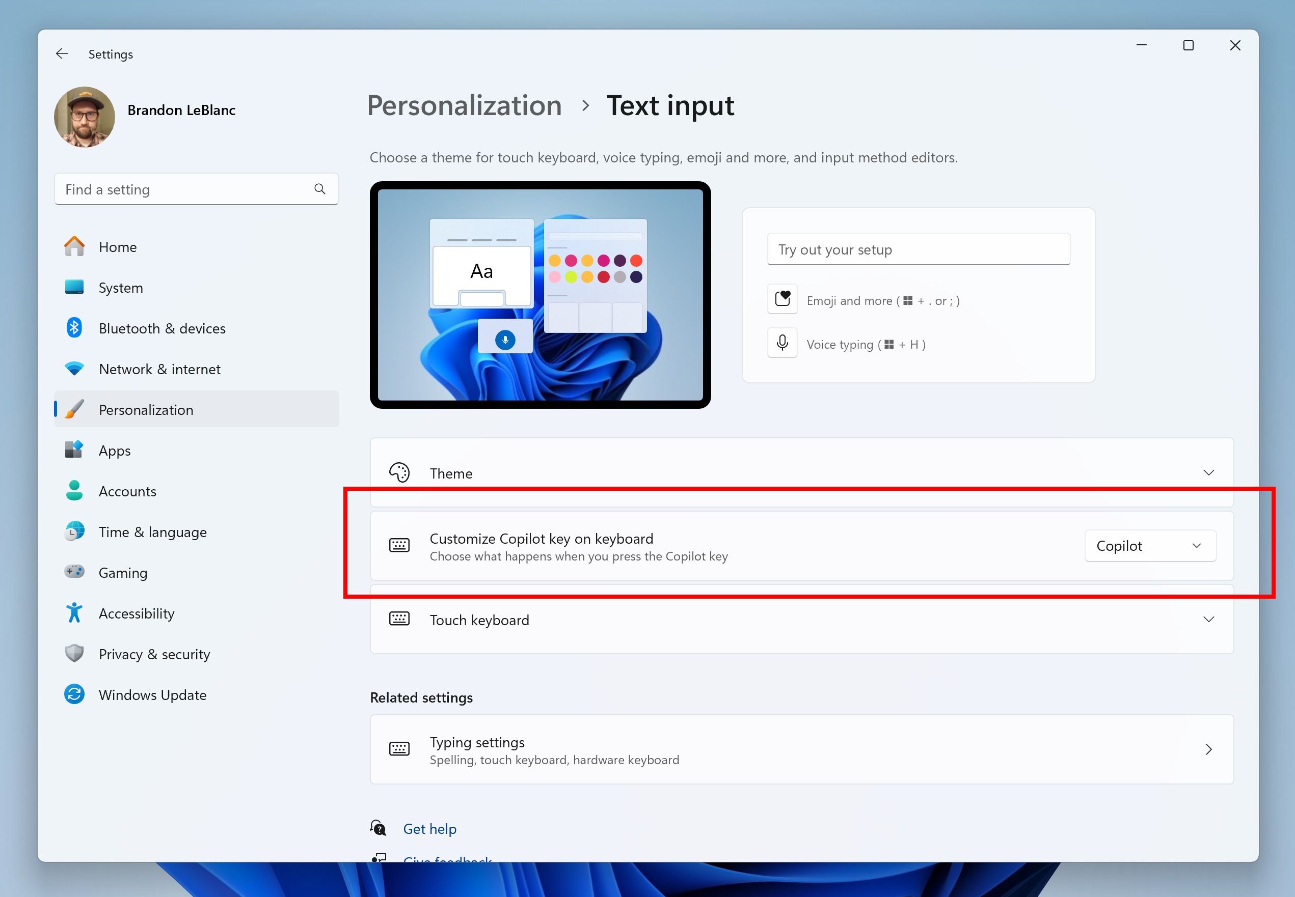Screenshot of Copilot key settings in Windows 11