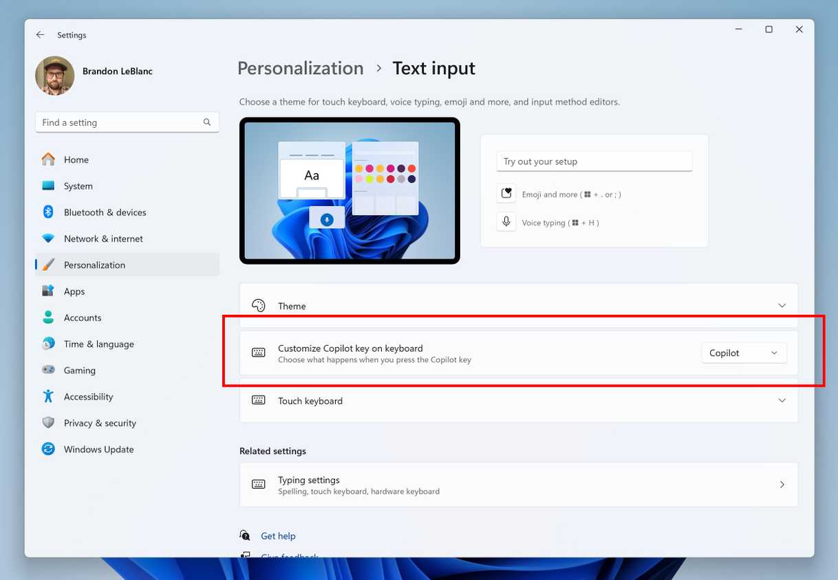 Screenshot of Copilot key settings in Windows 11
