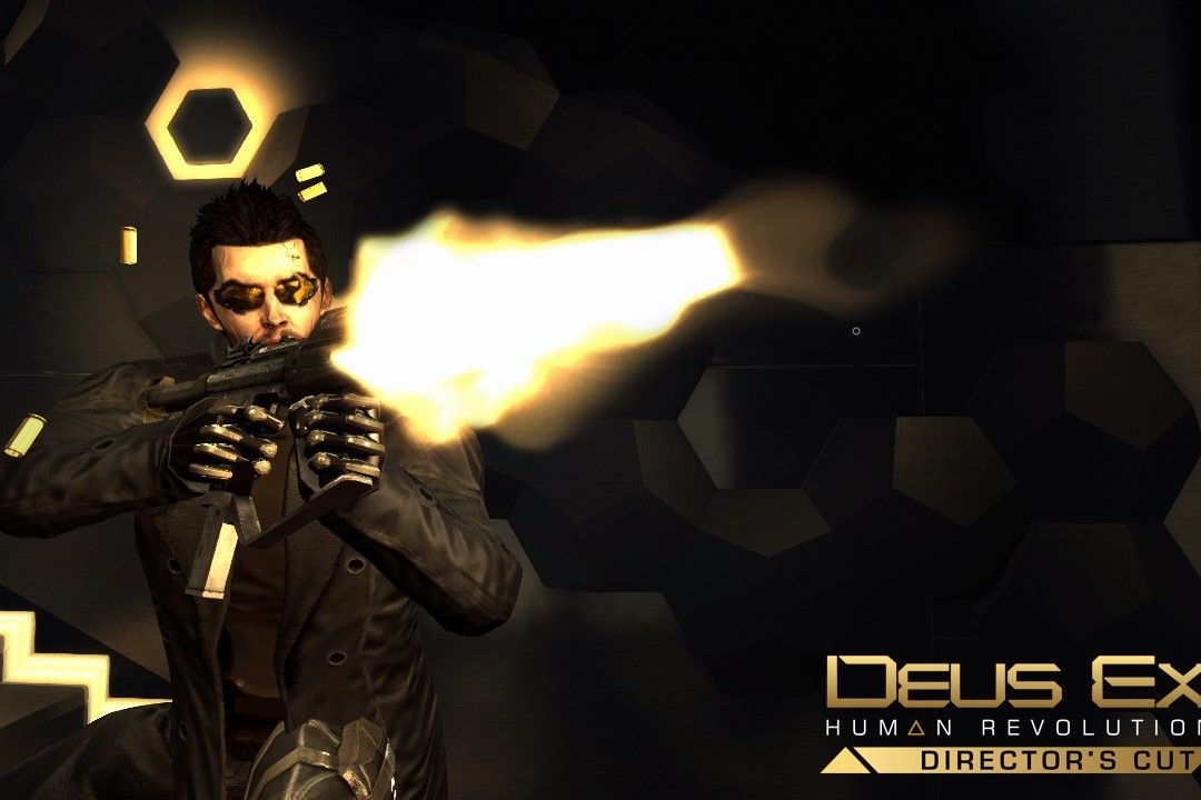 Screenshot from Deus Ex: Human Revolution showing Adam Jensen shooting a gun