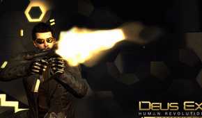 Screenshot from Deus Ex: Human Revolution showing Adam Jensen shooting a gun