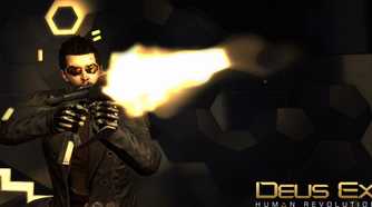 Screenshot from Deus Ex: Human Revolution showing Adam Jensen shooting a gun