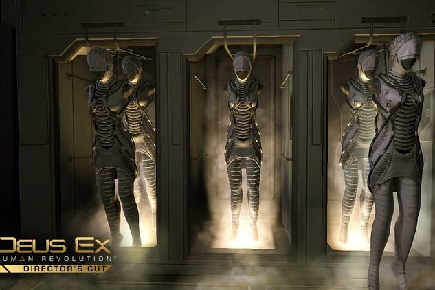 Screenshot from Deus Ex: Human Revolution showing humanoid bodies