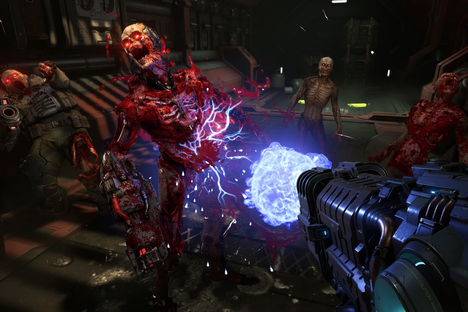 Screenshot of DOOM Eternal showing the player blasting away at an enemy 