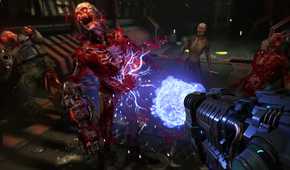 Screenshot of DOOM Eternal showing the player blasting away at an enemy