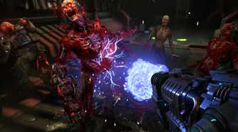 Screenshot of DOOM Eternal showing the player blasting away at an enemy