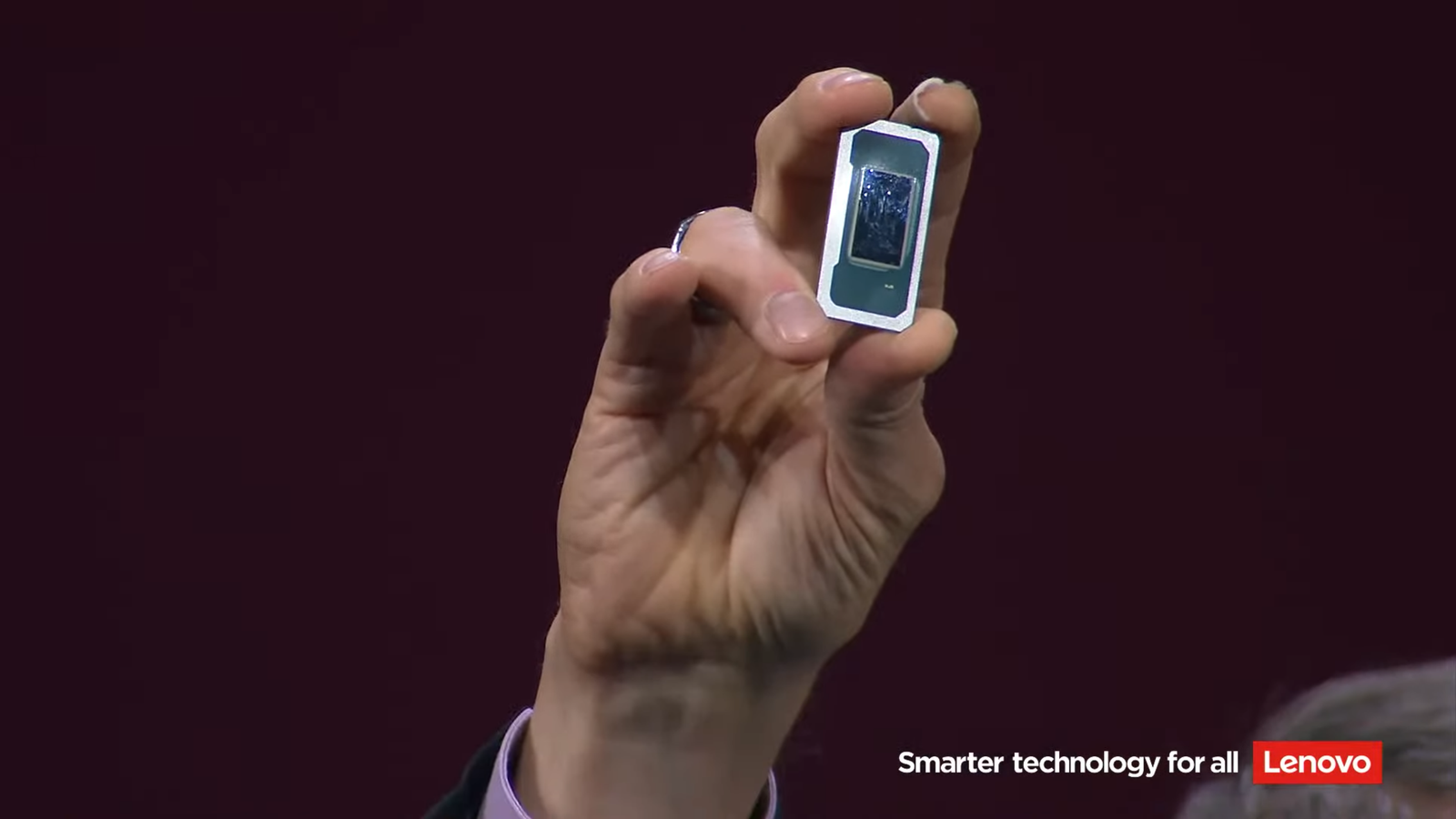 An Intel panther Lake chip held in someone's hand