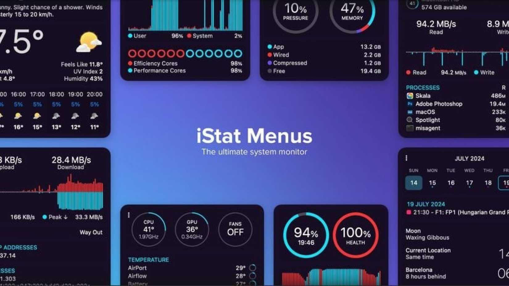 screenshots of istat showing the macos system stats it can show