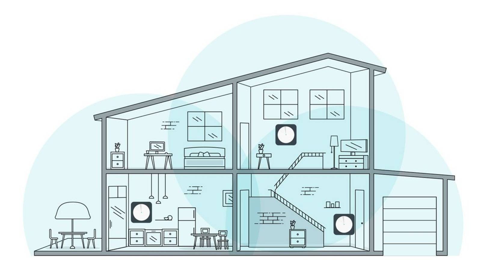 side elevation of a house with three mesh node placements marked