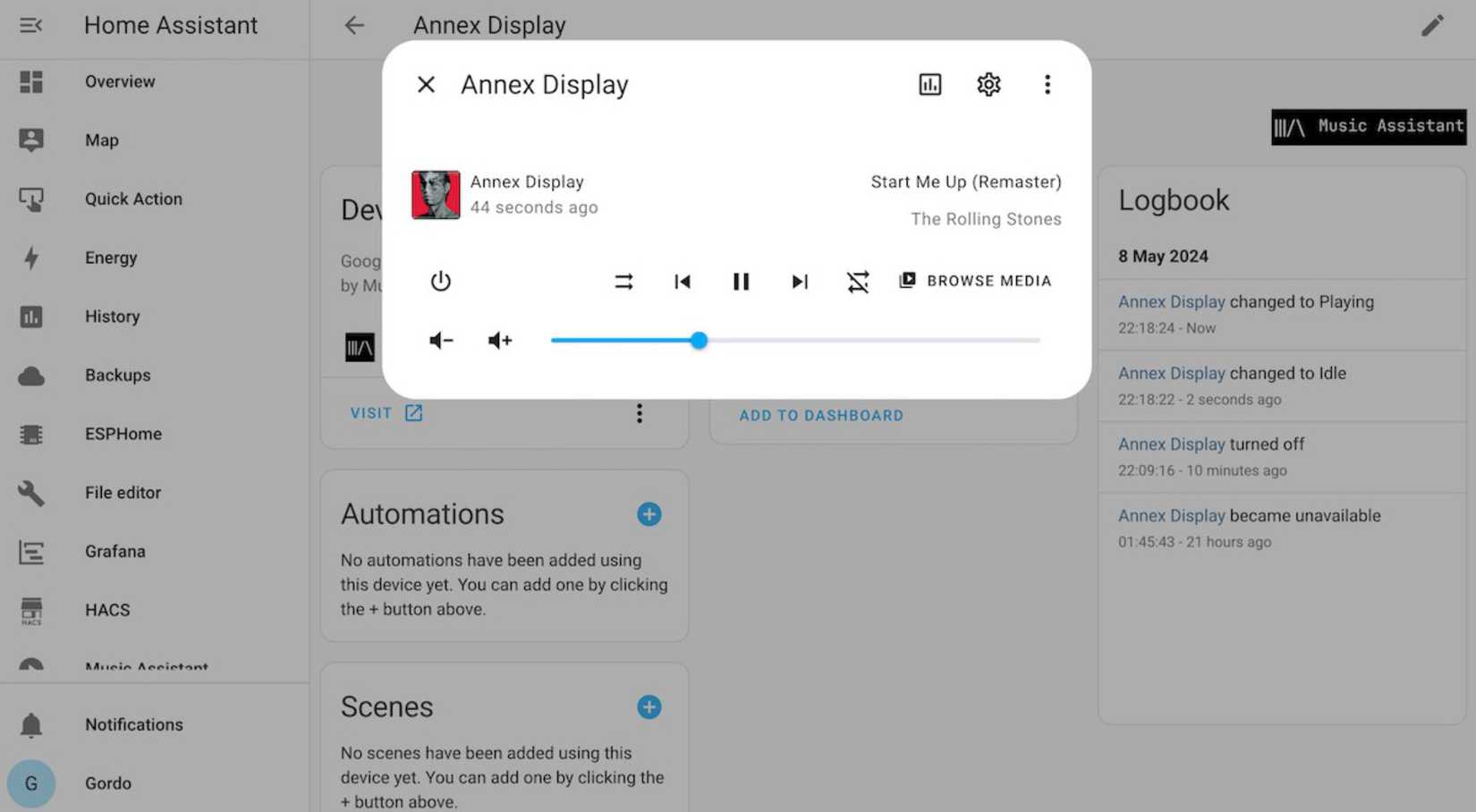 screenshot of music assistant playing music
