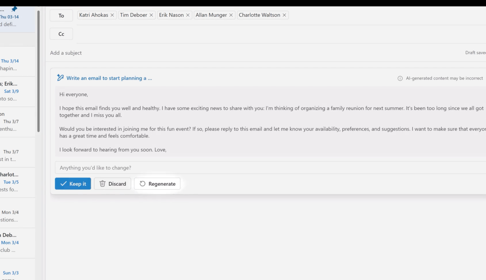 Screenshot showing Copilot outlook email draft