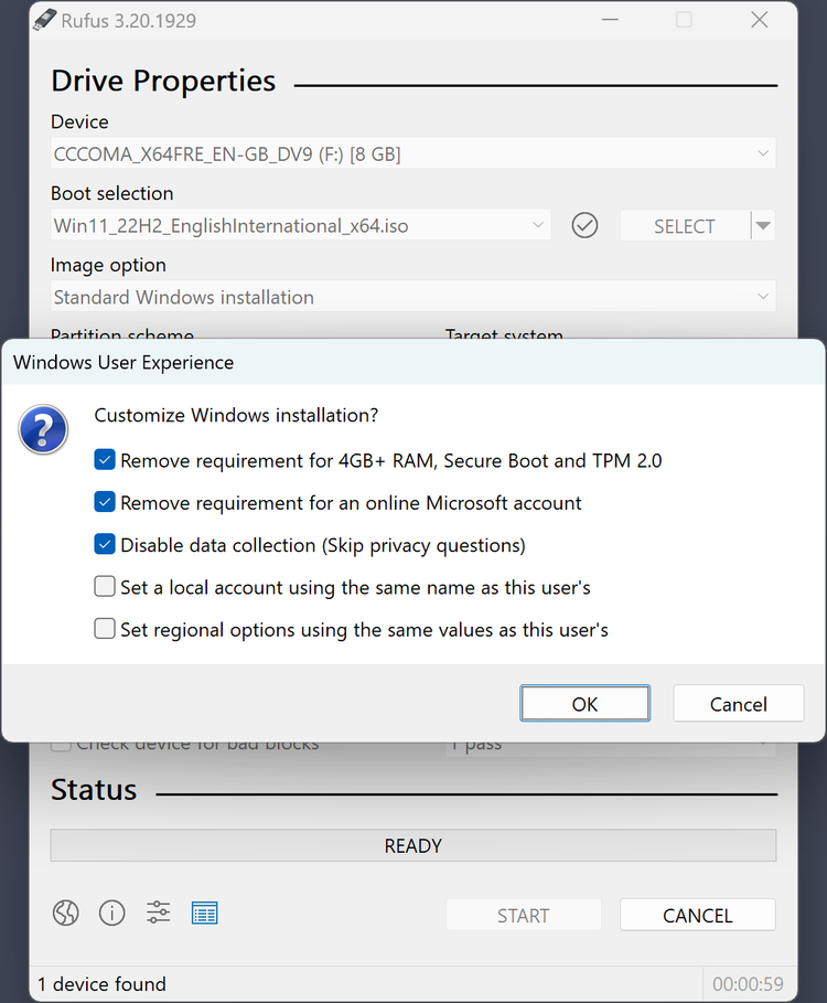 The Rufus Windows user experience options list.