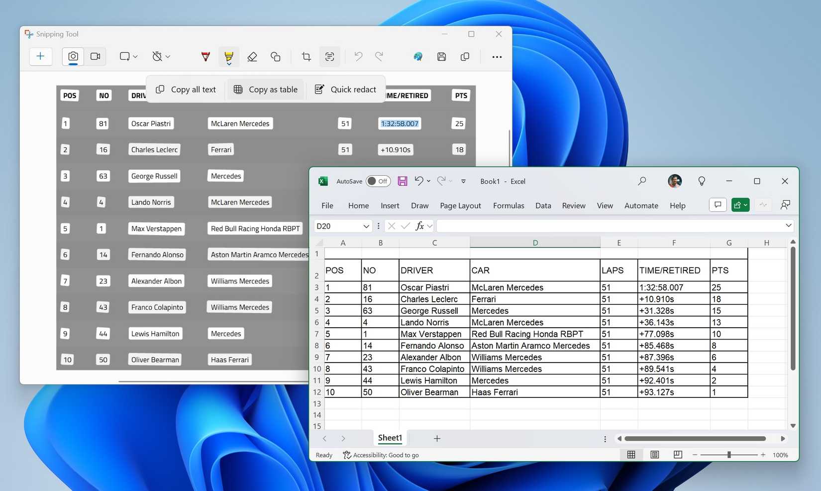 Screenshot of Snipping Tool showing the option to copy content as a table