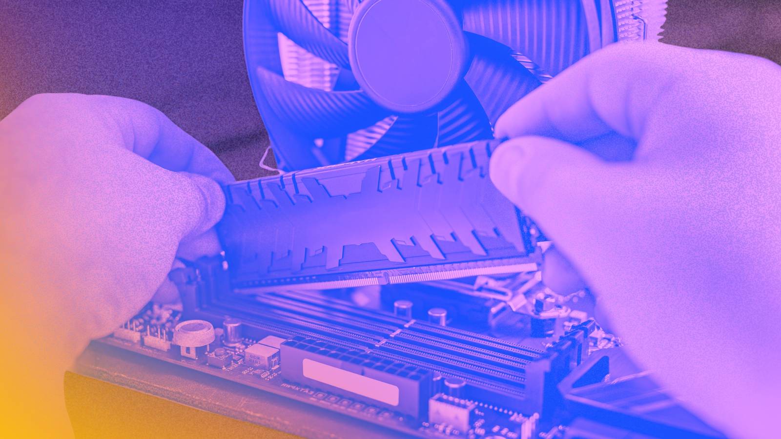 A colorized images showing RAM about to be inserted.