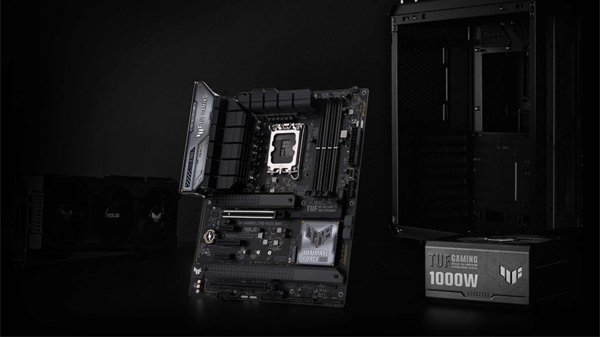 render of asus tuf z790-plus wifi motherboard standing next to a case and power supply