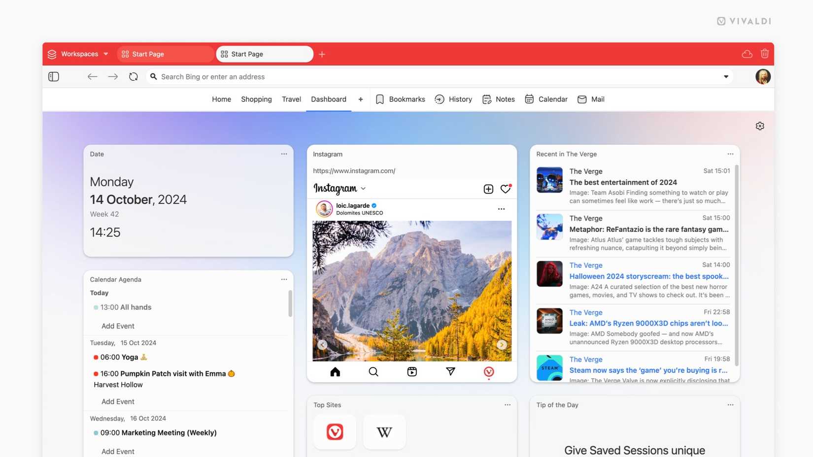 Screenshot of the new dashboard in Vivaldi