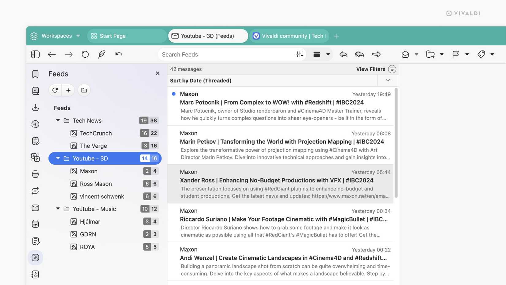 Screenshot of the Feeds page in Vivaldi