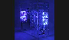 A clear PC case with some small blue fans