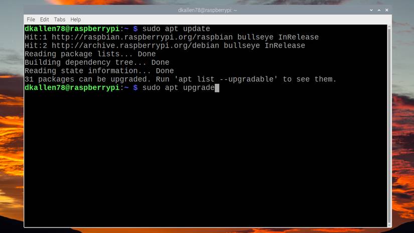 Raspberry Pi terminal showing the apt upgrade command