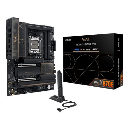 render of asus proart x870e creator wifi motherboard next to packaging