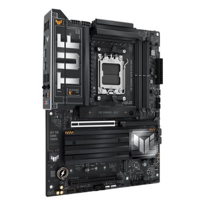 render of asus tuf gaming x870 plus wifi motherboard seen from a slight angle