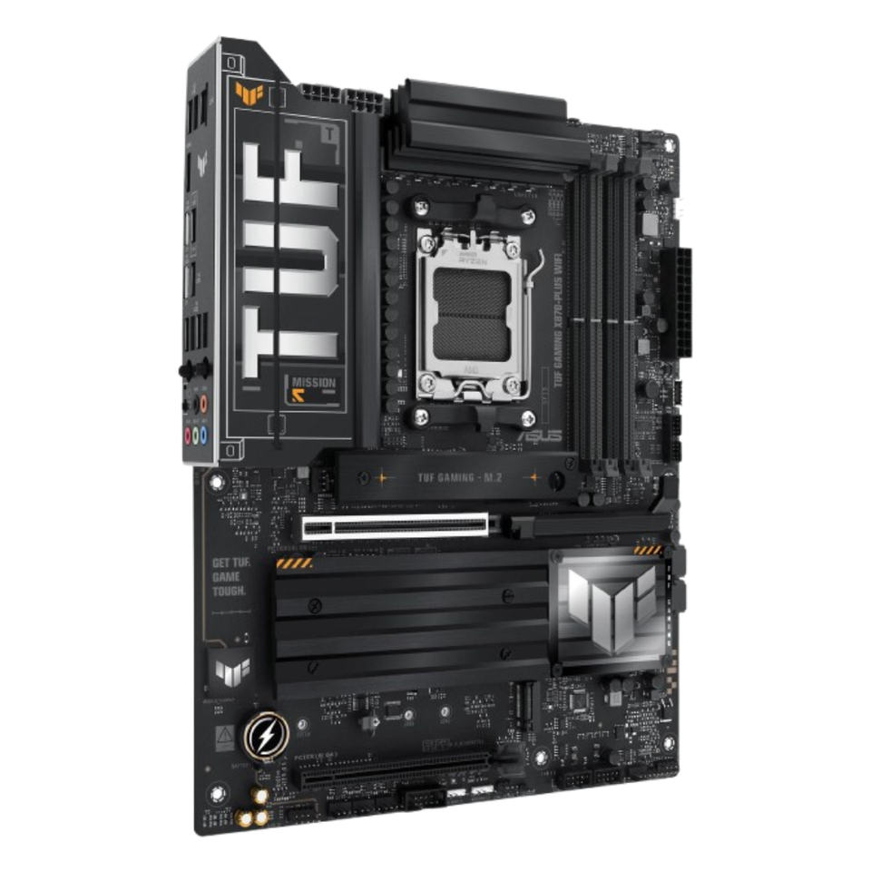 render of asus tuf gaming x870 plus wifi motherboard seen from a slight angle