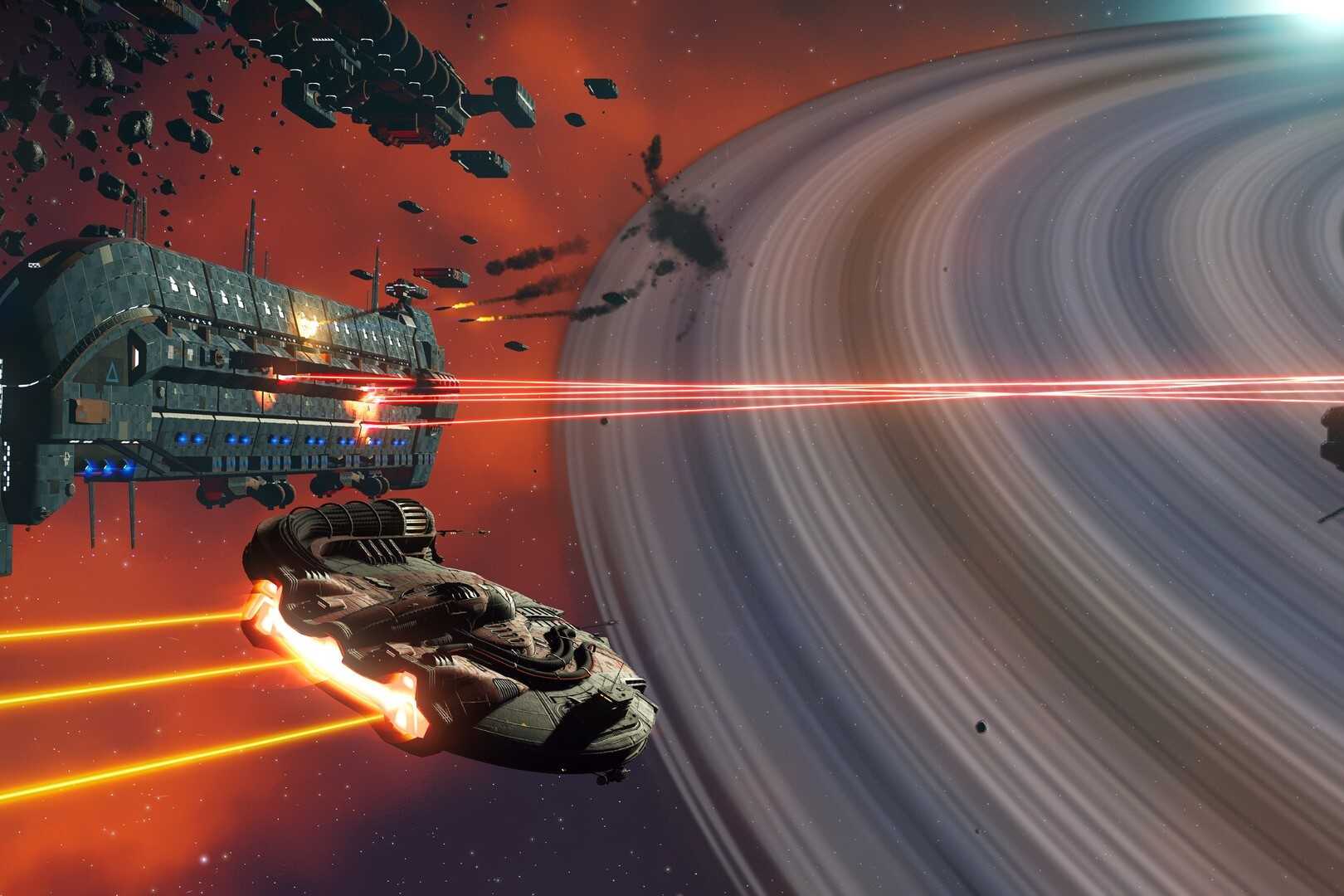 A space battle with a planet in the background